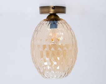 Modern Farmhouse Decor Ceiling Light, Unique Amber Glass Shade Ceiling Lamp, Flush Mount Vintage Lighting, Retro Home Decor Ceiling Light