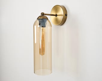 Vintage Glass Wall Lamp, Amber Glass Minimalist Sconce, Loft Home Decor Wall Light, Art Deco Hallway Sconce, Modern Bedroom PlugIn Wall Lamp