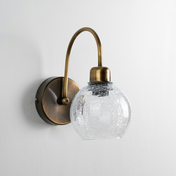 Vintage Wall Lamp with Crackled Glass Globe, Curved Arm Wall Sconce, Unique Wall Lighting Fixture, Aged Brass Sconce, Farmhouse Wall Lamp
