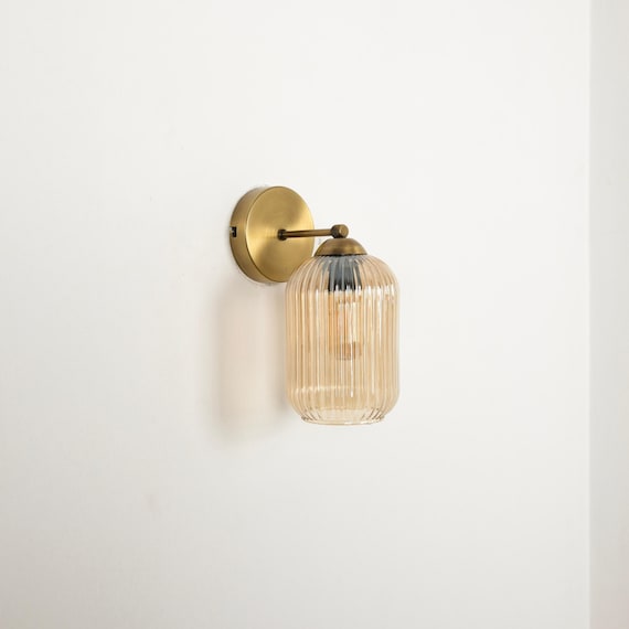 Vintage Wall Sconce with Amber Glass Shade, Modern Farmhouse Wall Lighting, Plug-In Wall Lamp, Minimalist Bedroom Wall Sconce, Vanity Sconce