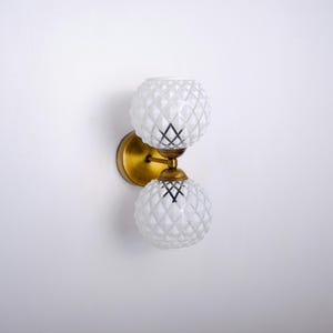 Vintage Brass Wall Sconce with Double Glass Shades, Unique Wall Lighting Fixture, Bedside Sconce, Vanity Wall Lamp, MidCentury Modern Sconce