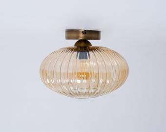 Flush Mounted Amber Glass Light, Modern Home Decor Glass Ceiling Lamp, Industrial Ceiling Light, Retro Ribbed Glass Ceiling Lamp for Hallway