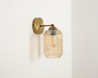 Vintage Wall Sconce with Amber Glass Shade, Modern Farmhouse Wall Lighting, Plug-In Wall Lamp, Minimalist Bedroom Wall Sconce, Vanity Sconce