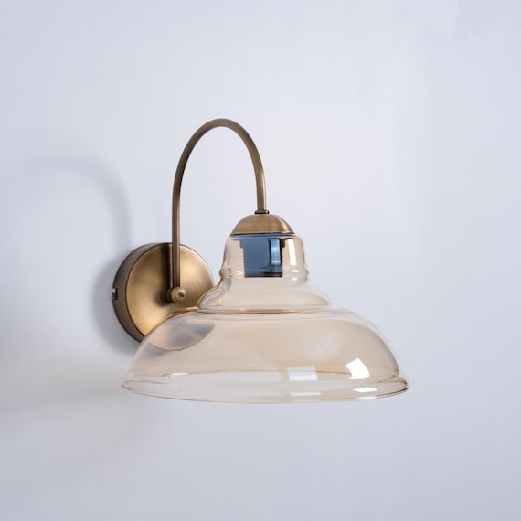 Retro Glass Wall Sconce, Modern Farmhouse Wall Lamp, Amber Glass Shade Indoor Wall Lamp, Wall Light with Plug-In, Vintage Brass Wall Sconce
