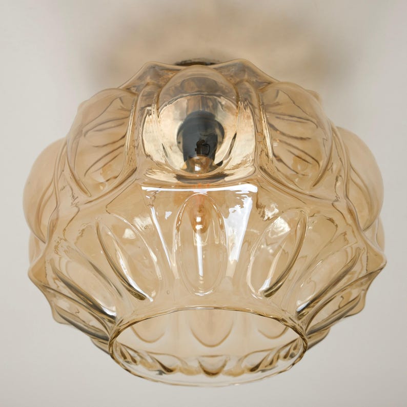 May include: A vintage-style ceiling light fixture with a decorative, amber-colored glass shade. The shade has a textured, floral-like pattern and encloses a visible lightbulb. The fixture is mounted on a white ceiling.