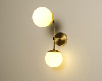 Double Globe Wall Sconce,Brass Art Deco Wall Light,Modern Glass Sconce,Bathroom Vanity Light,Mid Century Home Lighting,Glass Globe Lighting