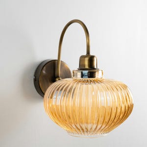 Modern Glass Wall Sconce, Ribbed Amber Glass Shade Wall Lamp, Home Decor Wall Light, Vanity Sconce Lighting, Elegant Bedside Wall Sconce