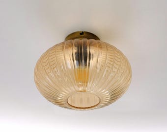 Amber Glass Modern Semi Flush Lighting, Ribbed Glass Ceiling Light, Retro Ceiling Light Fixture, Industrial Flush Mount Ceiling Lamp