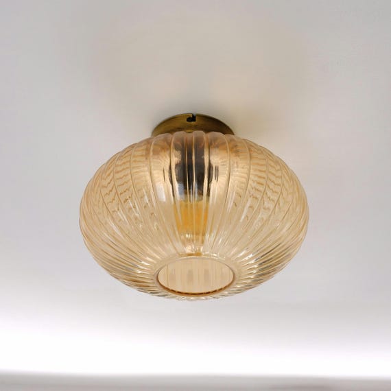 Amber Glass Modern Semi Flush Lighting, Ribbed Glass Ceiling Light, Retro Ceiling Light Fixture, Industrial Flush Mount Ceiling Lamp