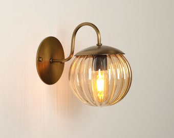 Chic Amber Glass Globe Wall Sconce for Bedroom Lighting, Modern Bedside Wall Lamp, Luxury Minimalist Home Decor Wall Light, Vintage Sconce