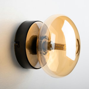 Wall Sconce with Amber Glass, Flush Mount Wall Lamp, Unique Bedroom Wall Lighting, Small Accent Wall Lamp, Home Decor Vintage Glass Sconce