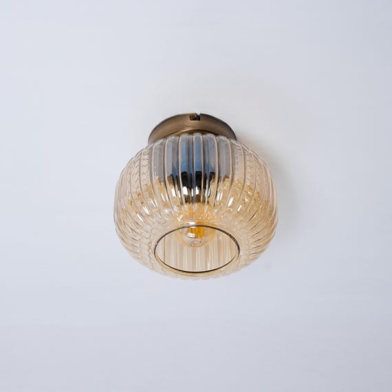 Ribbed Glass Flush Mount Light, Modern Ceiling Lamp with Amber Glass Shade, Art Deco Ceiling Light, Industrial Hanging Light for Home Decor
