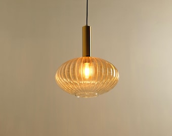 Ribbed Glass Pendant Light, Hand Blown Ceiling Lamp, Modern Kitchen Island Lighting, Dining Room Hanging Light, Luxury Home Decor