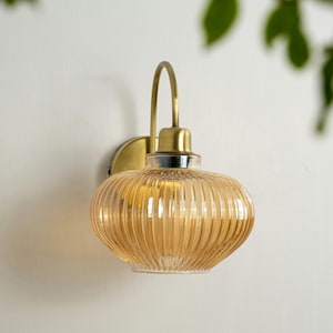 Chic Glass Wall Sconce, Vanity Wall Lighting, Modern Bedroom Sconce, Curved Arm Brass Wall Lamp, Ribbed Glass Wall Light, Vintage Sconce