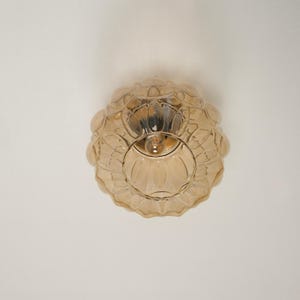 May include: A vintage-style, amber-colored glass ceiling light fixture. The light has a floral design and a round shape. The fixture is mounted on a white ceiling. The light bulb is visible inside the fixture.