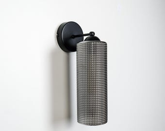 Grey Tinted Glass Wall Sconce, Modern Glass Wall Light, Textured Cylinder Glass Lamp, Bedside Light, Hallway and Bathroom Lighting