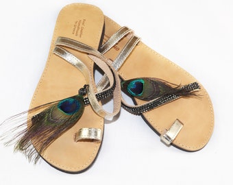 Leather Greek Sandals, Flat Leather Ankle Strap Sandals, Feather Boho Sandals, Rhinestone Feather Flat Greek Sandals, Peacock Feather Sandal