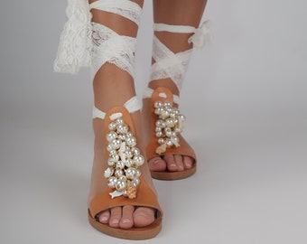 Leather Greek  Flat Sandals For Brides, Wedding Flat Shoes With Pearls, Gradiator Flat Greek Sandals With Pearls, Wedding Shoes With Pearls