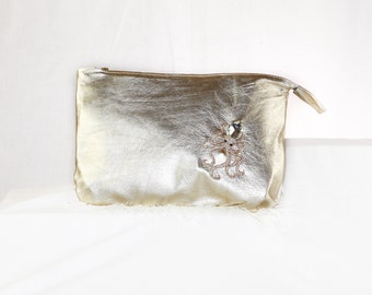 Feather Leather Clutch: Gold Bridal Bag with Diamante Octopus Brooch