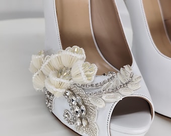 White Leather Bridal Platform Pumps: Crystal 3D Flower Peep Toe Heels