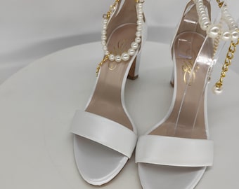 Leather Wedding Heels: Handmade Pearl Ankle Strap Bridal Sandals, Block Sandals With Pearls