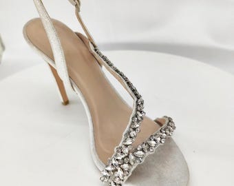 Bridal Sandals, Crystal Wedding Shoes, Handmade Rhinestone Heels, Silver Bridal Shoes, Ankle Strap Sandals, Wedding Heels, Made to Order