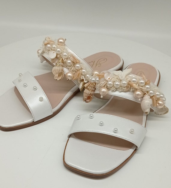 Sandalias planas nupciales, sandalias de boda de cuero, sandalias - Main Image