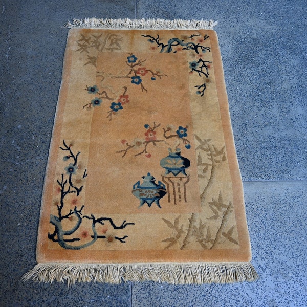Beautiful Vintage tebat brown color rug, Vintage china rug ,Handmade Hand knotted chinese rug , Home decor wall hanging rug SIZE 3 x 2 FT