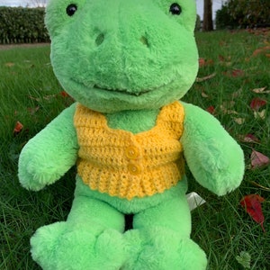 Puede incluir: Rana de peluche verde con un chaleco de crochet amarillo con botones. La rana está sentada en la hierba verde. El texto "Build A Bear Frog Not Included" está en la esquina superior derecha de la imagen.