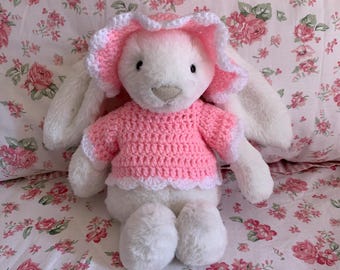 Handmade Short Sleeve Crochet jumper and hat set  Made To Fit medium bashful Jellycat *Jellycat Not Included*