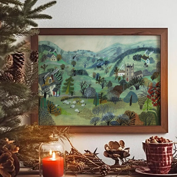 Arte mural de Inglaterra, póster de invierno de Inglaterra, ilustración de Inglaterra, impresión de póster de Inglaterra, Reino Unido
