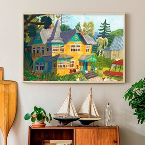 Gelbes Haus Poster, süße Häuser Illustration, Haus Illustration