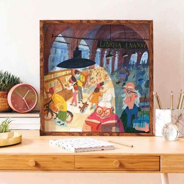 Impresión artística de librería, póster de Bolonia, arte mural de Italia, arte de librería, impresión artística de libros, impresión artística de lectura, arte de ratón de biblioteca, impresión artística de libros