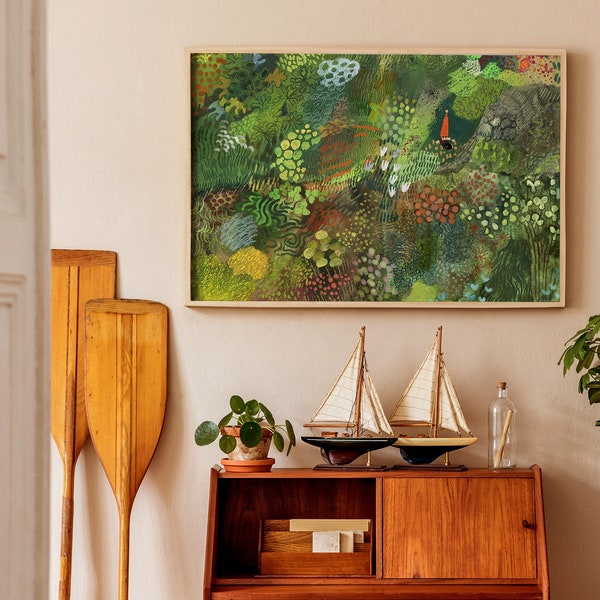 Póster de musgo, Impresión verde, Ilustración de musgo, Póster de bosque, Arte de póster con texturas, Ilustración de madera, Arte de gnomos