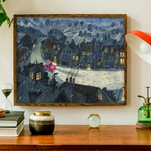 England Landscape Print, Rain poster, Blue Print, Night painting, Rain Wall art