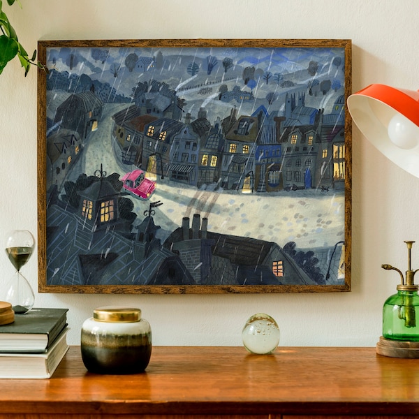 England Landscape Print, Rain poster, Blue Print, Night painting, Rain Wall art