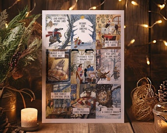 Op de afbeelding: Een printbare kerst-adventskalender met illustraties van feestelijke activiteiten, zoals het versieren van een kerstboom, het schrijven van een brief aan Sinterklaas en het spelen van spelletjes. De kalender heeft een rustieke houten achtergrond en is versierd met glinsterende lichtjes.
