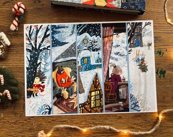 May include: A wintery illustration print featuring five panels depicting a snowy forest, a cozy home with a fireplace, a girl looking out a window, and a hedgehog in the snow. The print is in a whimsical style with bright colors and bold lines.