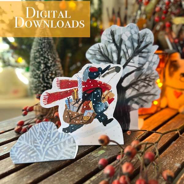 Decoración navideña de papel con forma de tejón y carteros, juguete de papel de animales del bosque para imprimir, DESCARGA INSTANTÁNEA, figuras navideñas para imprimir