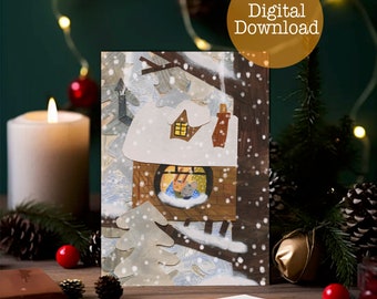 Snow Christmas Card, Woodland animals Christmas card, Digital Download, Printable double card