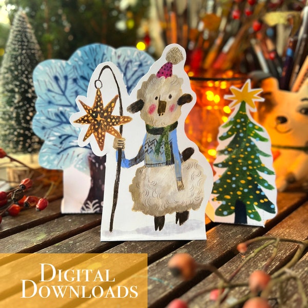 Decoración navideña de papel con forma de oveja, juguetes de papel de animales del bosque para imprimir, DESCARGA INSTANTÁNEA, figuras navideñas para imprimir