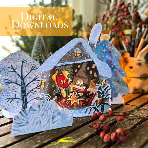 Cabaña navideña en el bosque, decoración navideña de papel, juguetes de papel de animales del bosque para imprimir, DESCARGA INMEDIATA, figuras navideñas para imprimir