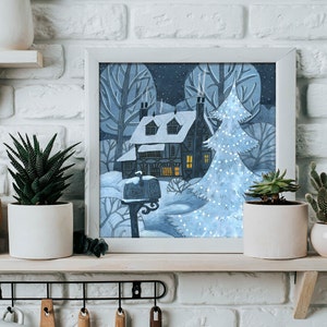 En soldes Impression dhiver bleue, affiche de cabine dhiver, art mural du réveillon de Noël, illustration de Noël image 1