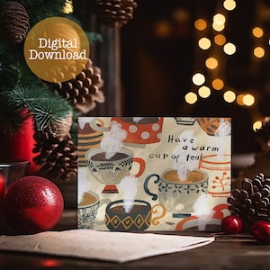 Theetijdkaart, kopjes theekaart, digitale download, afdrukbare dubbele kerstkaart
