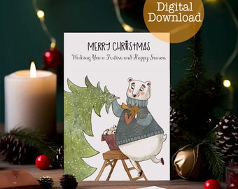 Christmas Card, Bear Decorating Christmas Tree Illustration, Digital Download, Printable Christmas card