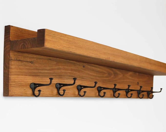 Wall Coat Rack Hook Shelf with Picture Ledge Mounted Farmhouse Entryway Nailhead Hooks Wood Hanging Storage for Entryway Handmade in USA