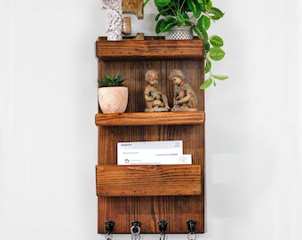 Key Holder for Wall - Mail Holder Organizer Wall Mount with Shelf - Hanging Key Rack Hanger with Hookds Entryway Storage Handmade in America