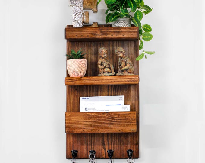 Key Holder for Wall - Mail Holder Organizer Wall Mount with Shelf - Hanging Key Rack Hanger with Hookds Entryway Storage Handmade in America