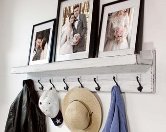 Rustic Wood Coat Rack with Shelf Farmhouse Entryway Organizer Hooks with Picture Ledge Wall Mounted Shabby Chic Hanging Storage Made in USA