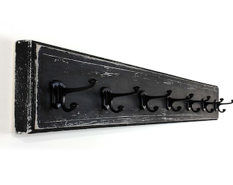 Farmhouse Coat Rack Wooden Wall Mounted Hook Rail Shabby Chic Vintage Rustic Distressed Decor Sturdy Entryway Storage Handcrafted in USA